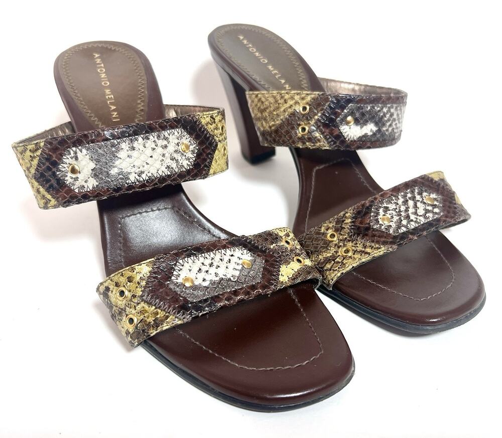 Antonio Melani Leather Snake Skin Print Chunky Heel Slide Sandals 8.5 M